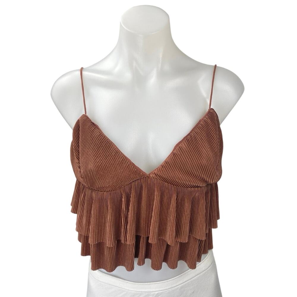 Dress Forum Brown Plisse Pleated Sleeveless Tiered Ruffle Cami Tank Crop Top M